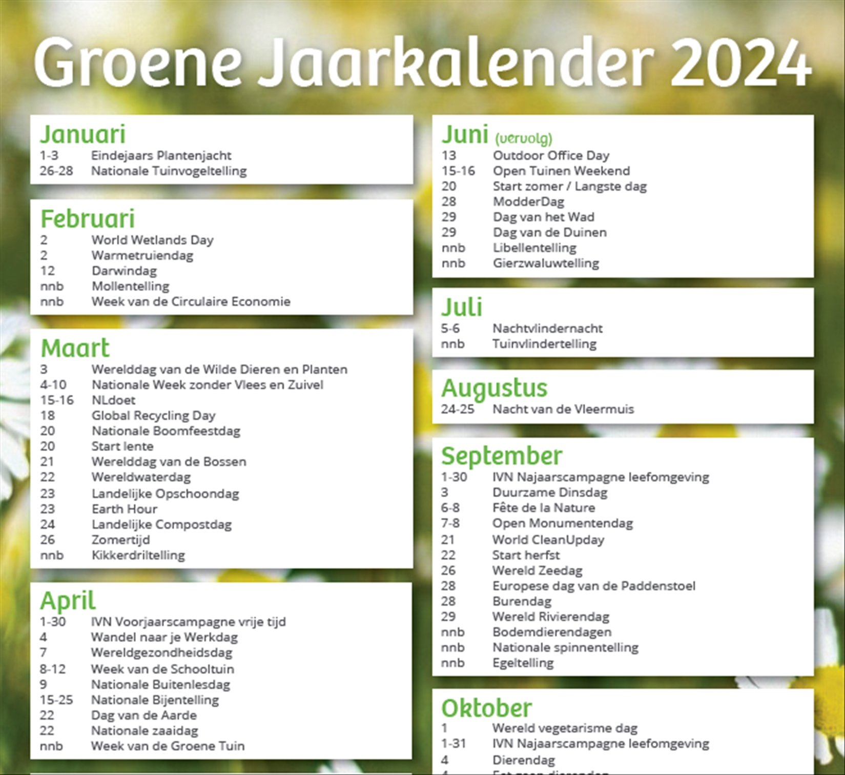 Groene Jaarkalender 2024 met ecologische en natuurgerelateerde evenementen per maand.