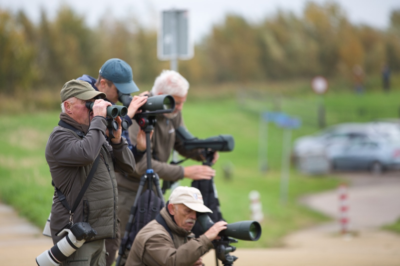 Groep vogelaars met verrekijkers en telescopen observeert natuur in een groen landschap.