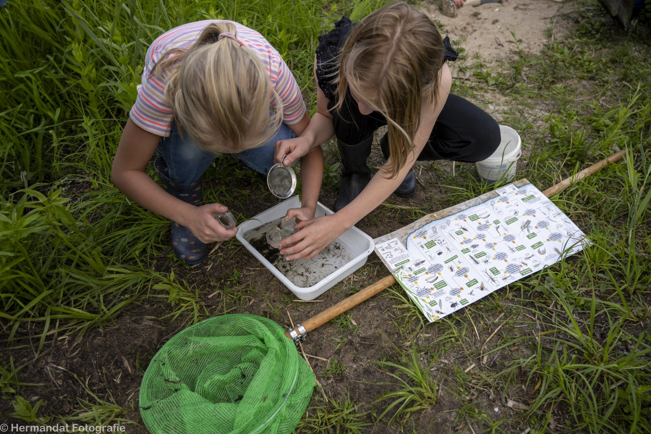 Twee kinderen onderzoeken modder in een bakje naast een schepnet en kaart in het gras.