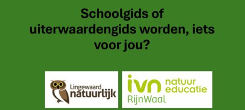 Groene achtergrond met tekst "Schoolgids of uiterwaardengids worden, iets voor jou?" en twee logo's.