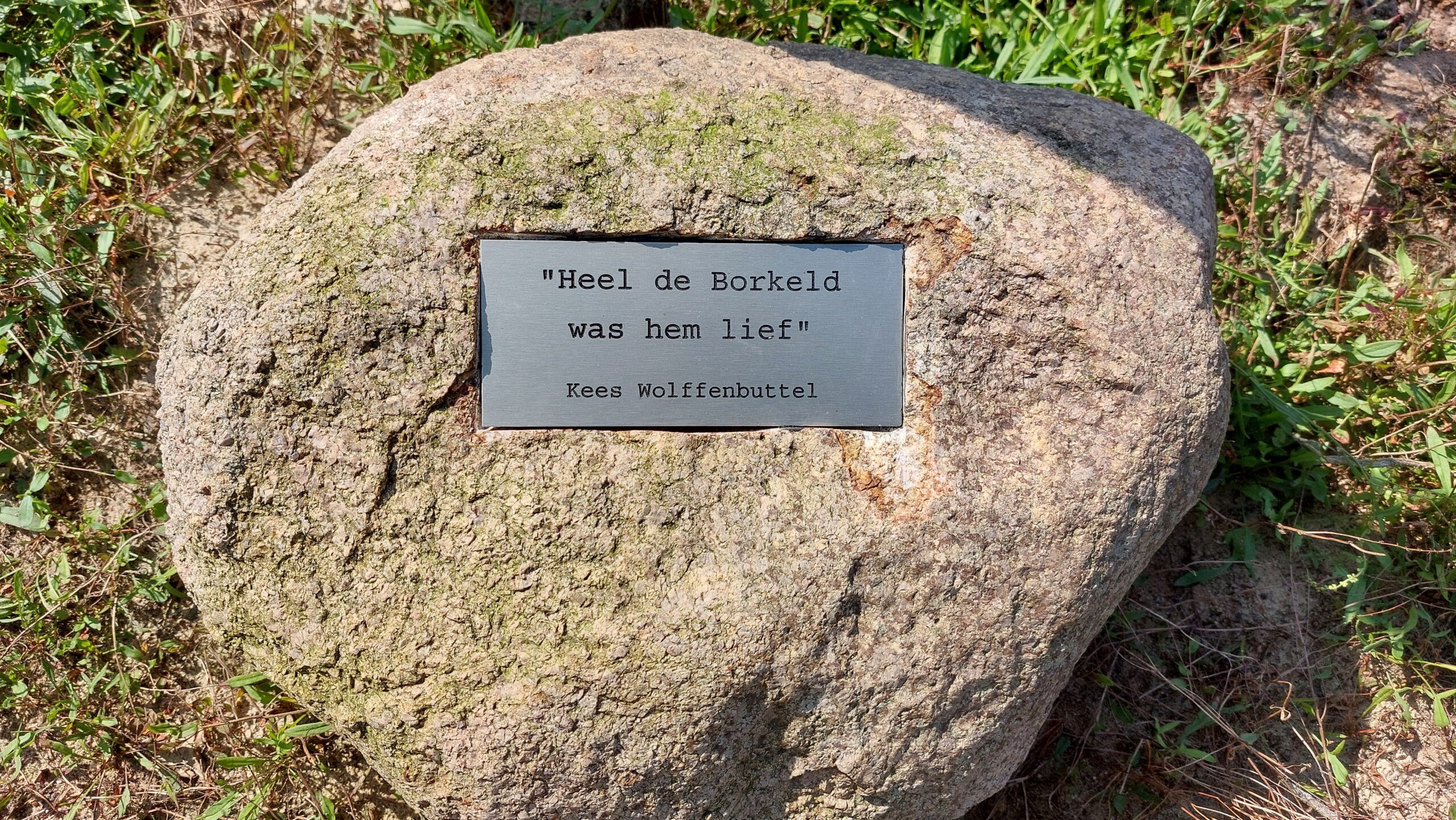 Steen in grasland met plaquette: "Heel de Borkeld was hem lief" - Kees Wolffenbuttel.