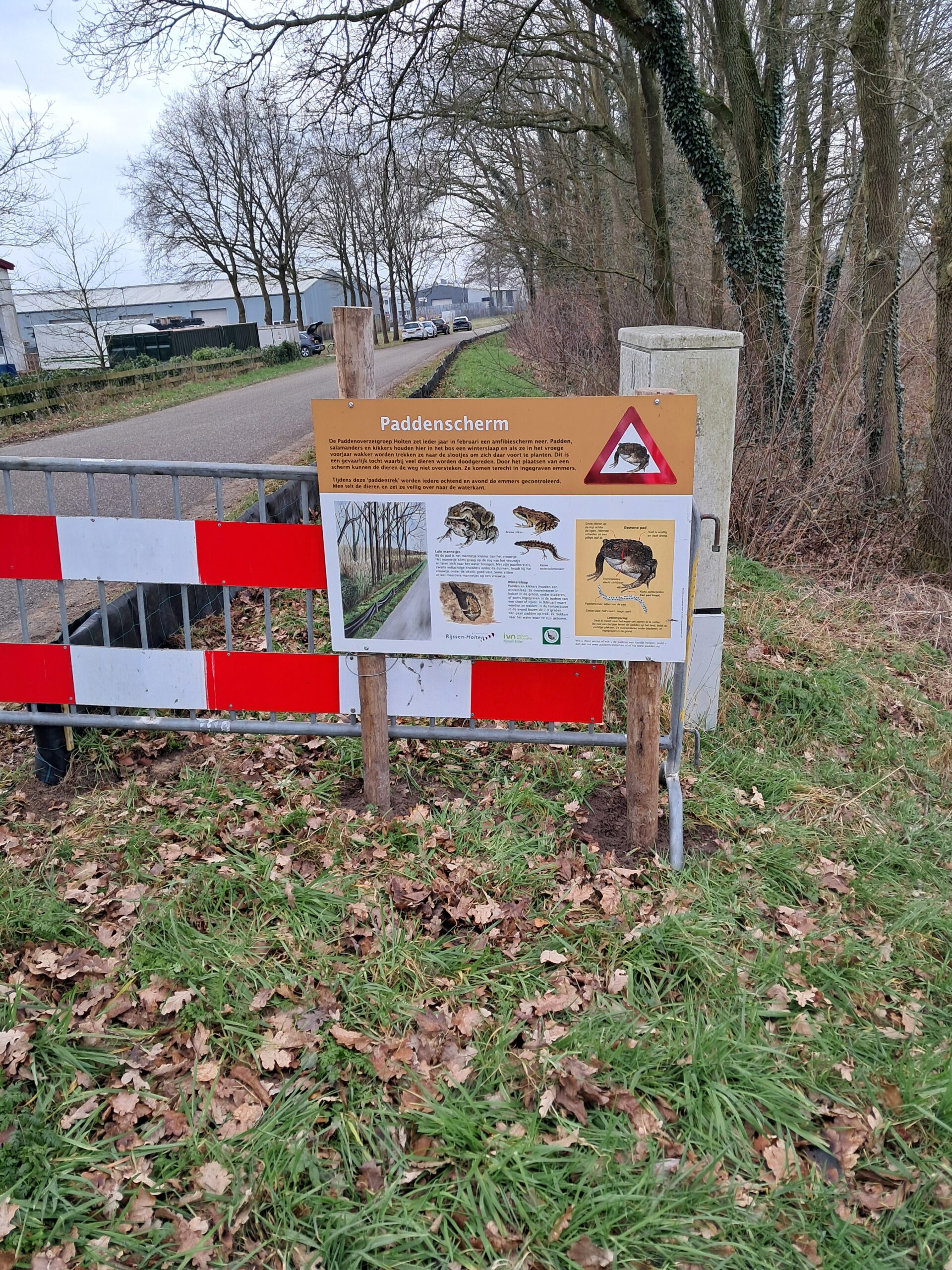 Een bord bij een weg met informatie over een paddenoversteekplaats en foto's van padden.