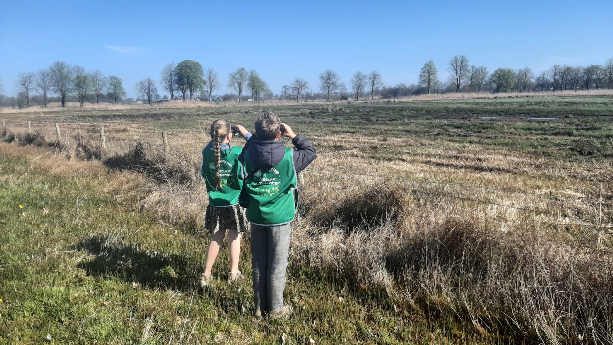 Kinderen in groene hesjes kijken met verrekijkers naar een uitgestrekt veld met bomen en blauwe lucht.