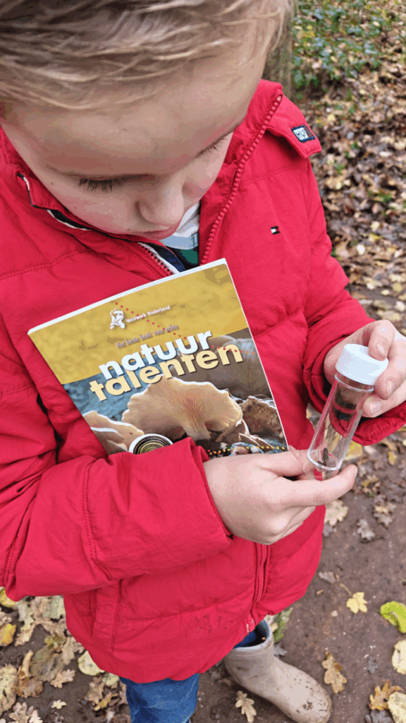 Kind met een rood jack houdt een natuurboek en een lege reageerbuis in een herfstbos.