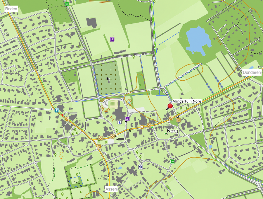 Kaart van Norg met wegen, gebouwen en Vlindertuin gemarkeerd.