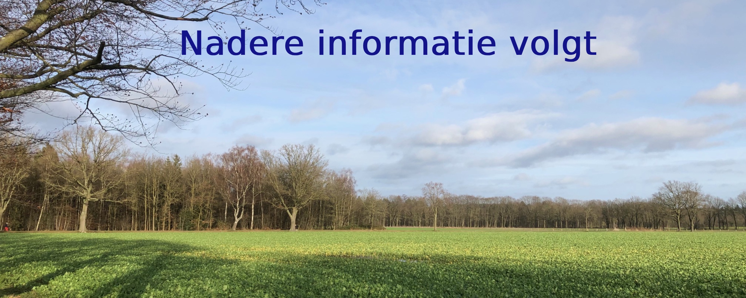 Landschap met groene velden, kale bomen en de tekst "Nadere informatie volgt" in blauwe letters.