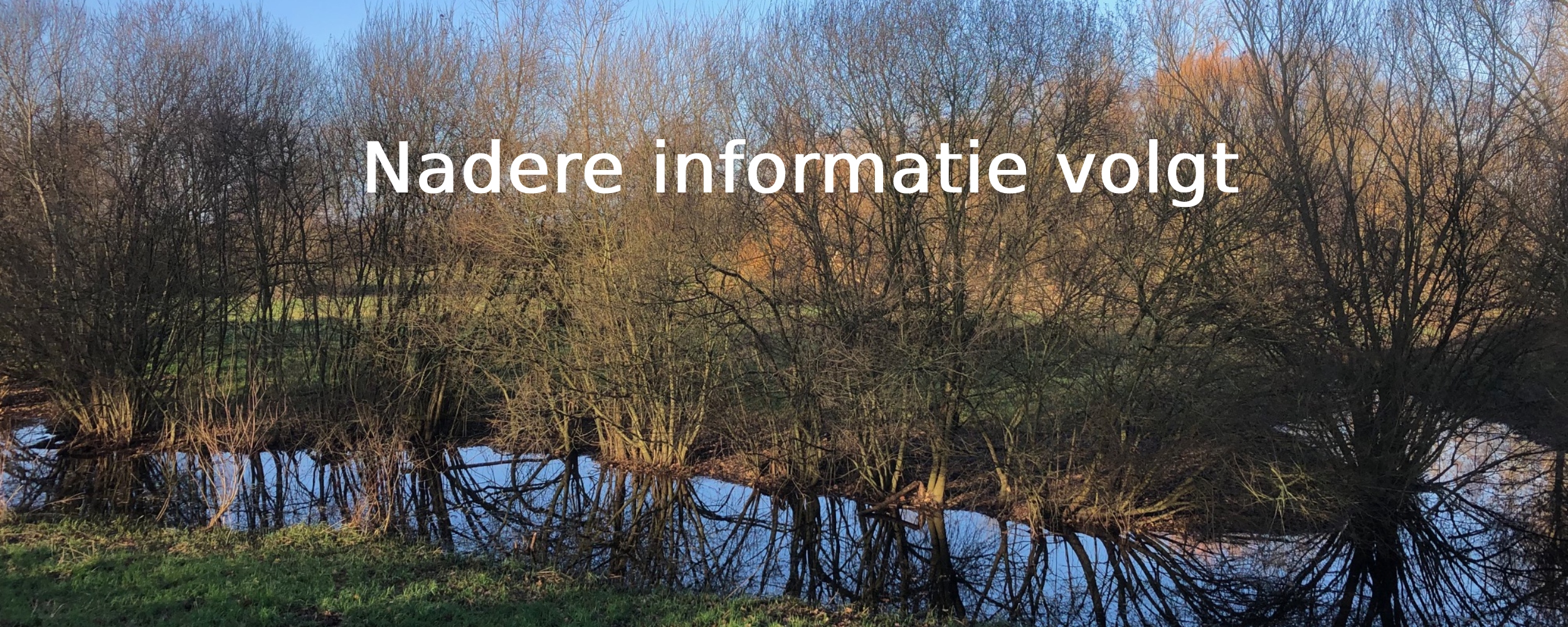 Bomen weerspiegeld in een sloot; tekst "Nadere informatie volgt" op de voorgrond.