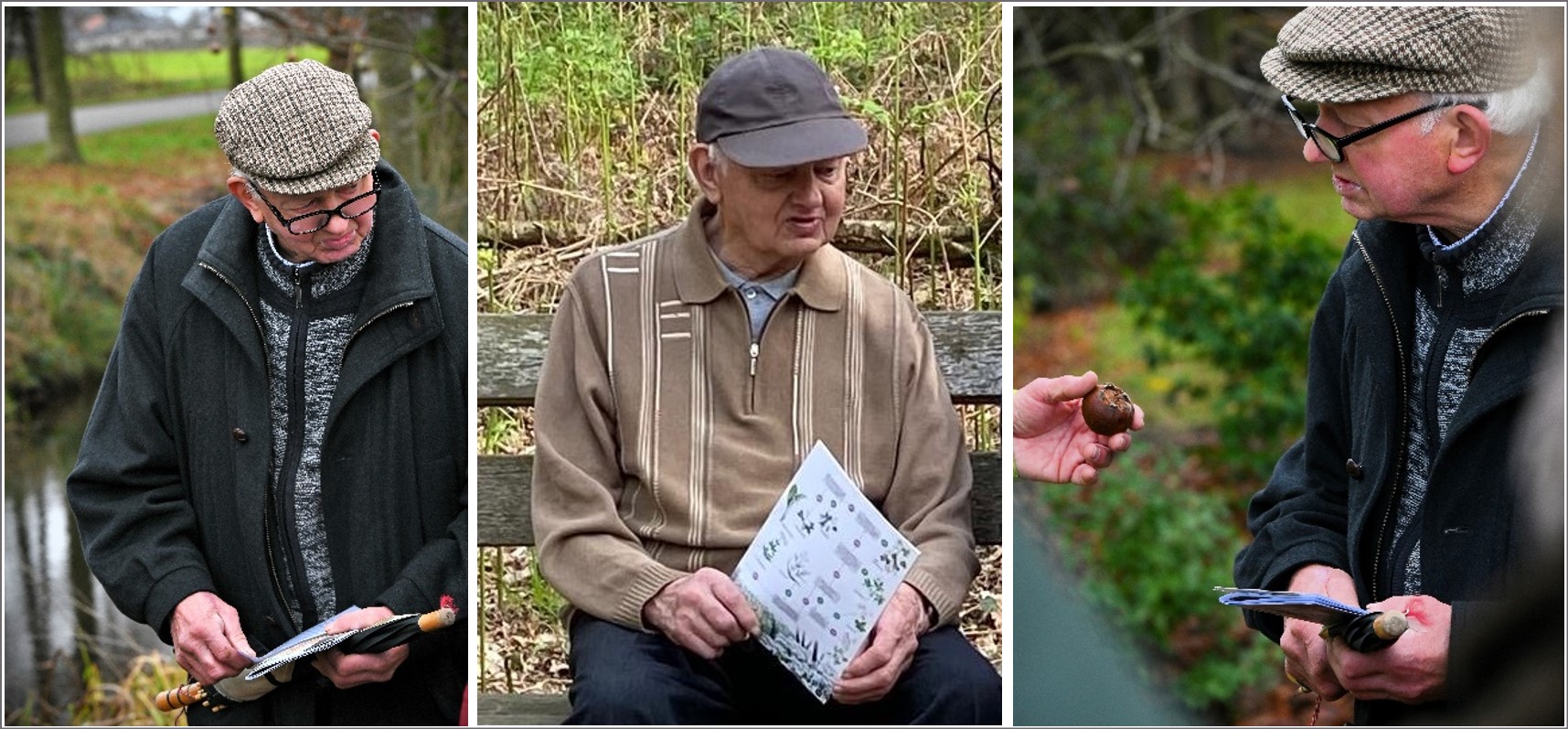 Drie foto's van mannen met pet, ene leest, andere onderzoekt een object in de natuur.