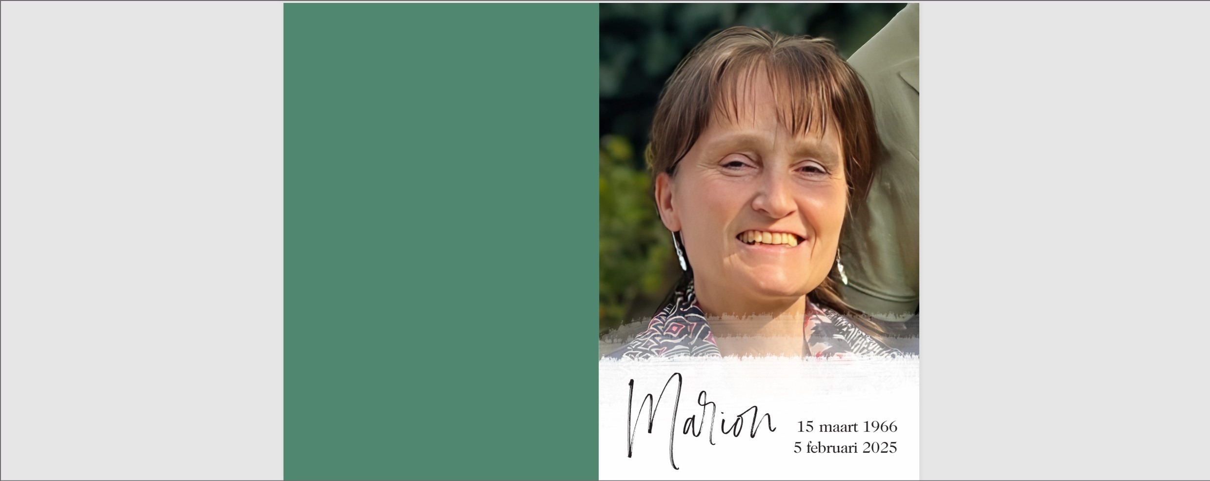 Portret van een lachende vrouw met de tekst "Marion, 15 maart 1966 - 5 februari 2025".