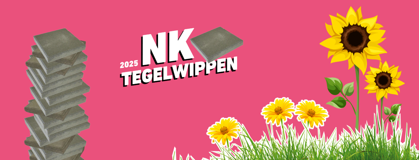 Stapels tegels, zonnige bloemen en gras. Tekst: "NK 2025 Tegelwippen" op roze achtergrond.