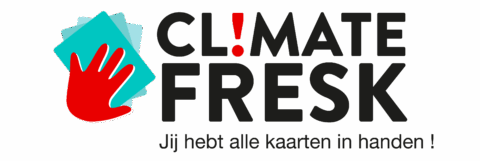 Logo van Climate Fresk met rode hand op kaarten en tekst: "Jij hebt alle kaarten in handen!"