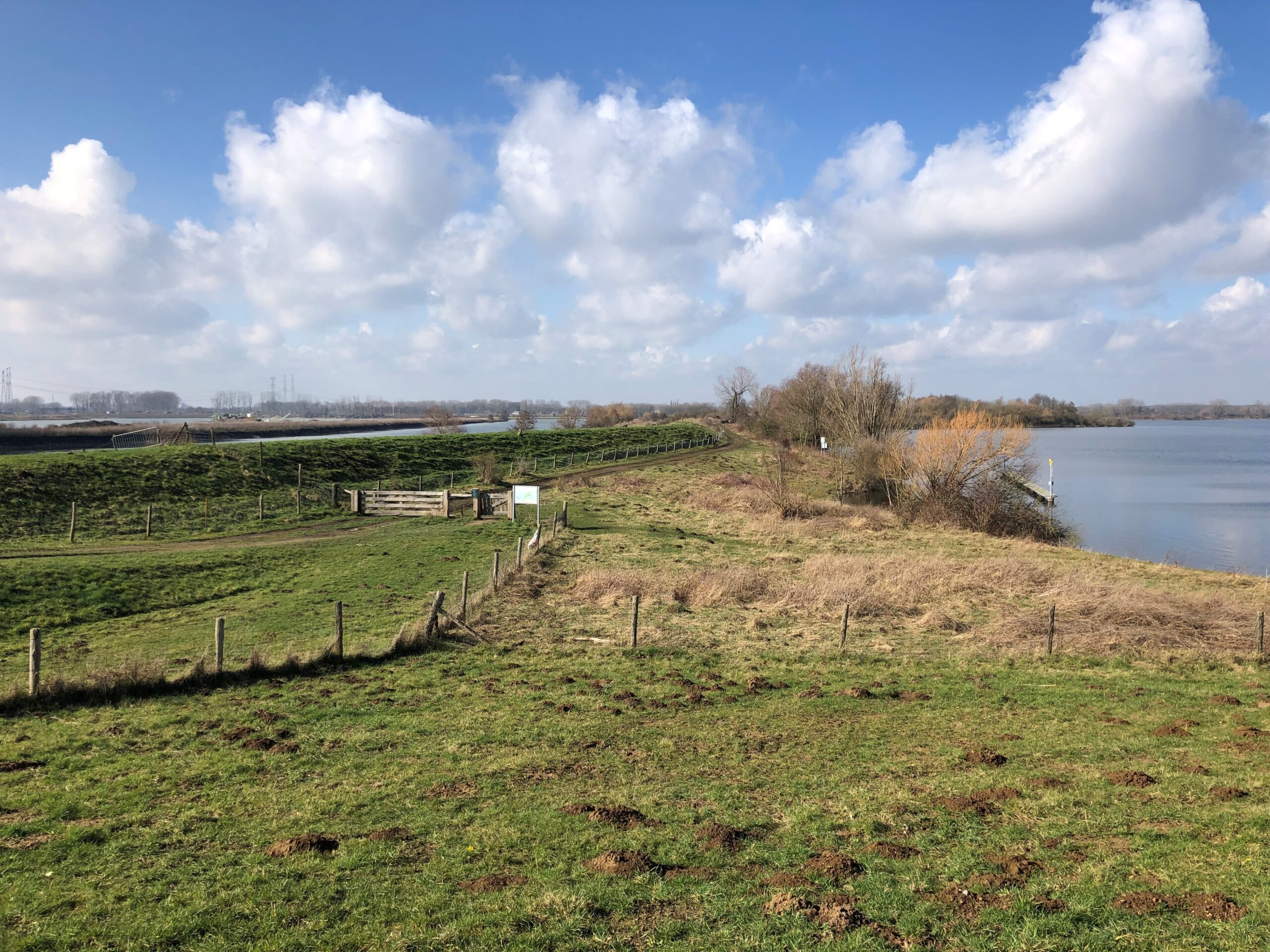 Een groen landschap met gras en bomen naast een rivier onder een deels bewolkte lucht.