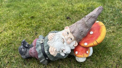 Tuinbeeld van een kabouter liggend tegen een paddenstoel met konijn op groen gras.