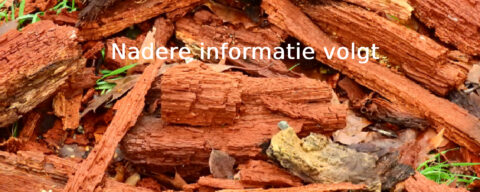 Boomschorsmulch met een groene plant op de achtergrond en de tekst "Nadere informatie volgt".