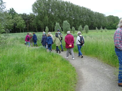 Groep wandelaars op een pad langs groene velden en bomen op een bewolkte dag.