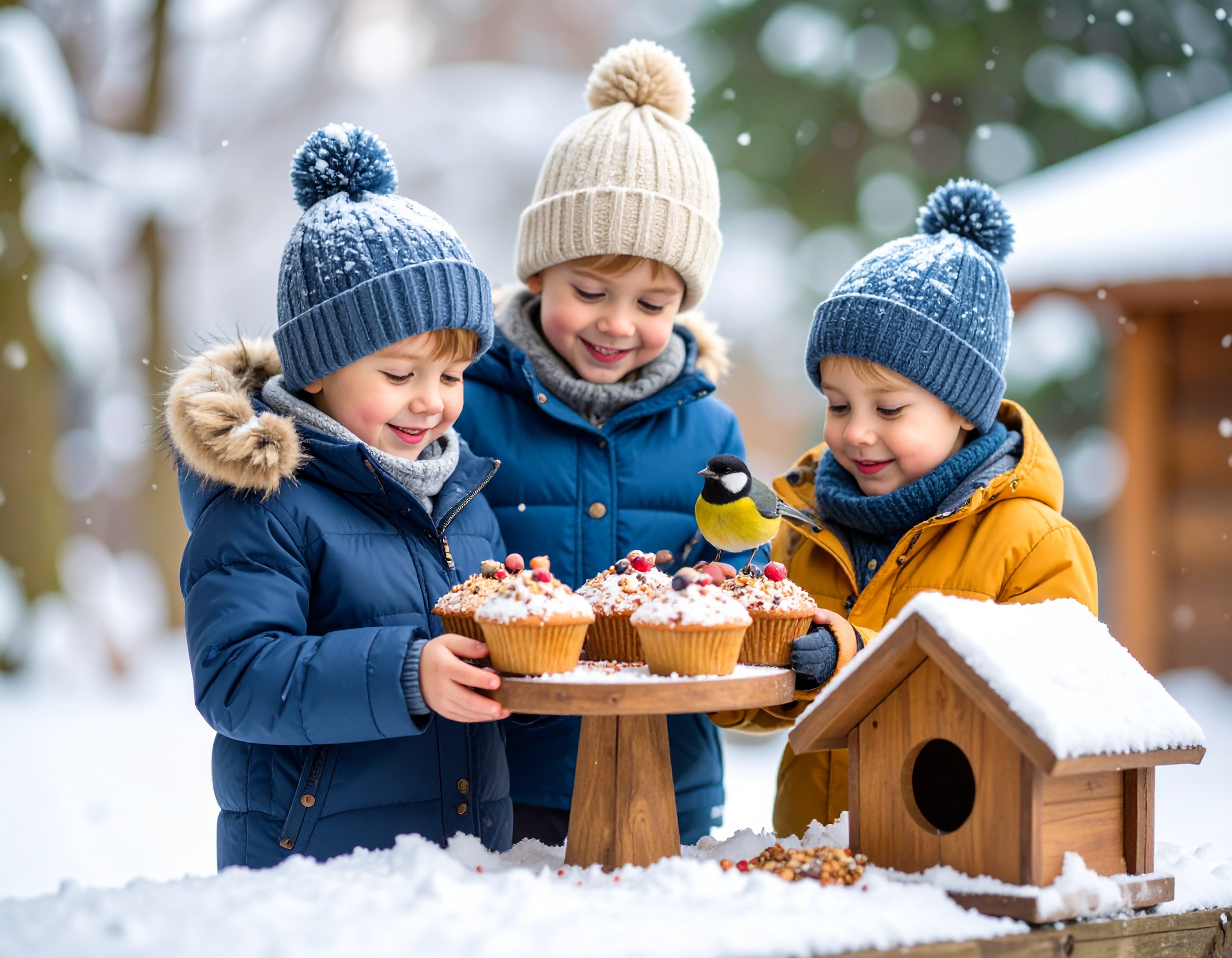 Kinderen in winterkleding delen cupcakes naast een vogelhuisje in de sneeuw.