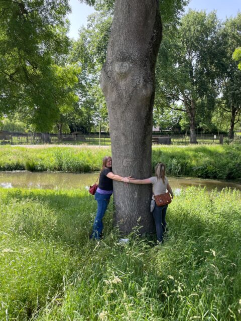 Twee mensen knuffelen een grote boom in een groen park bij een waterkant.