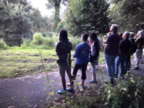 Mensen staan buiten in een park, kijkend naar de natuur met bomen en struiken op de achtergrond.