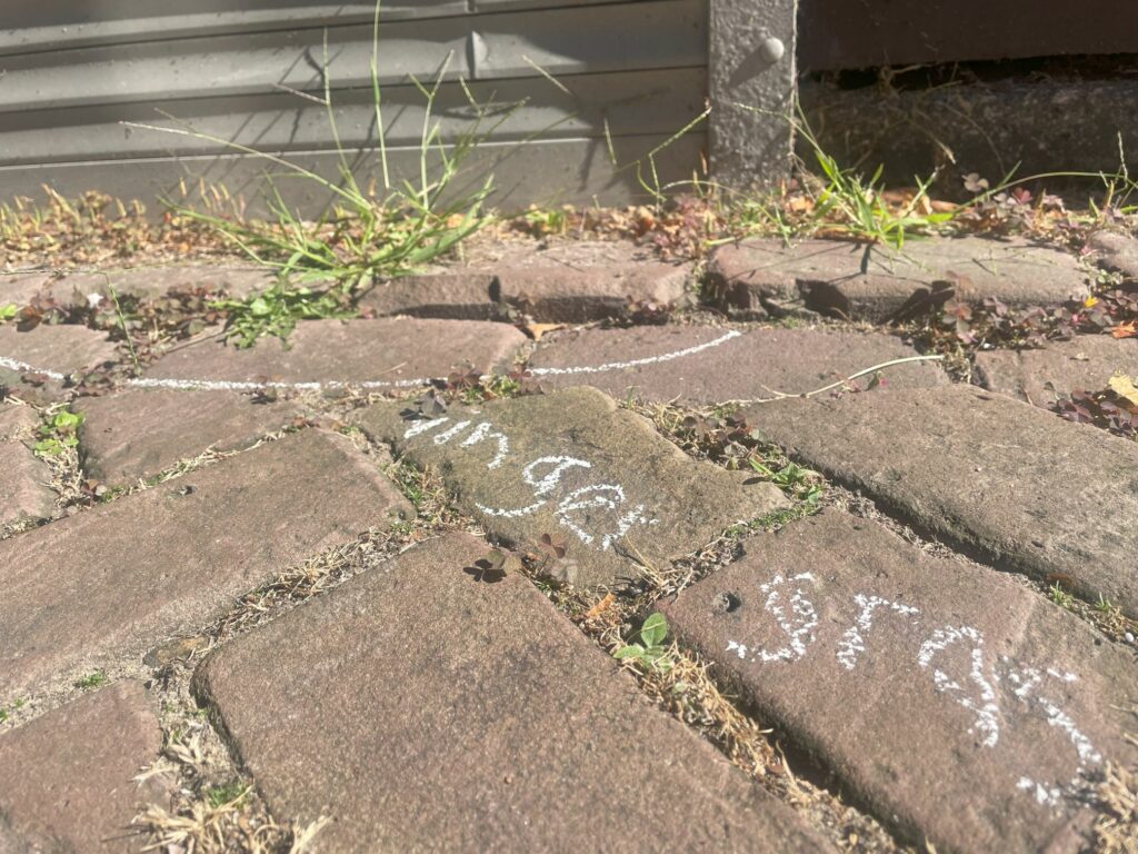Klinkerpad met krijttekening en gras tussen de stenen. Schaduw en zonlicht op de achtergrond.