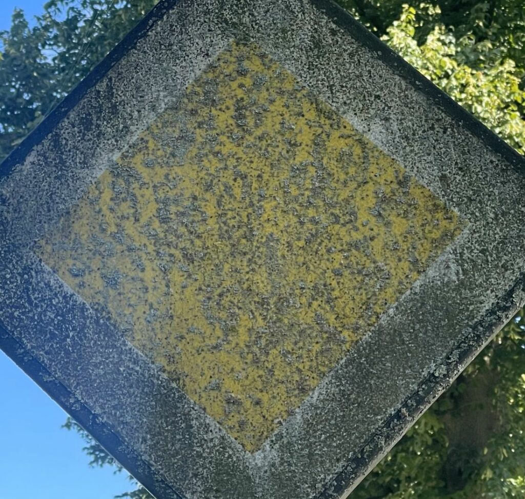 Verweerd voorrangsbord met gele ruit op grijze achtergrond, tegen een achtergrond van bomen.