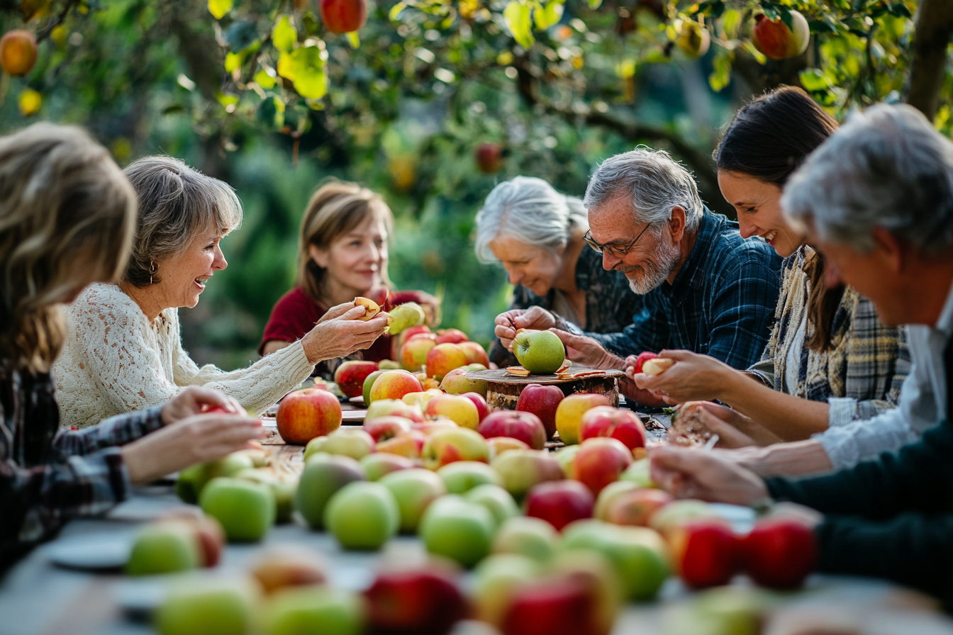 Groep mensen schilt appels aan een tafel in een boomgaard, omringd door bomen en fruit.