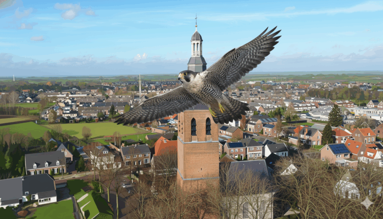 Slechtvalk vliegt over een dorp, met een kerk en huizen op de achtergrond.