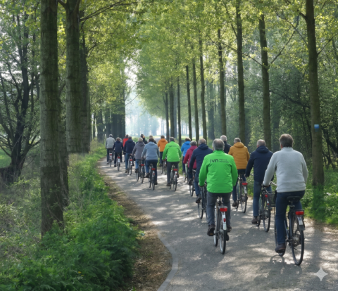 Mensen fietsen in groep door een boomrijk pad bij zonnig weer.