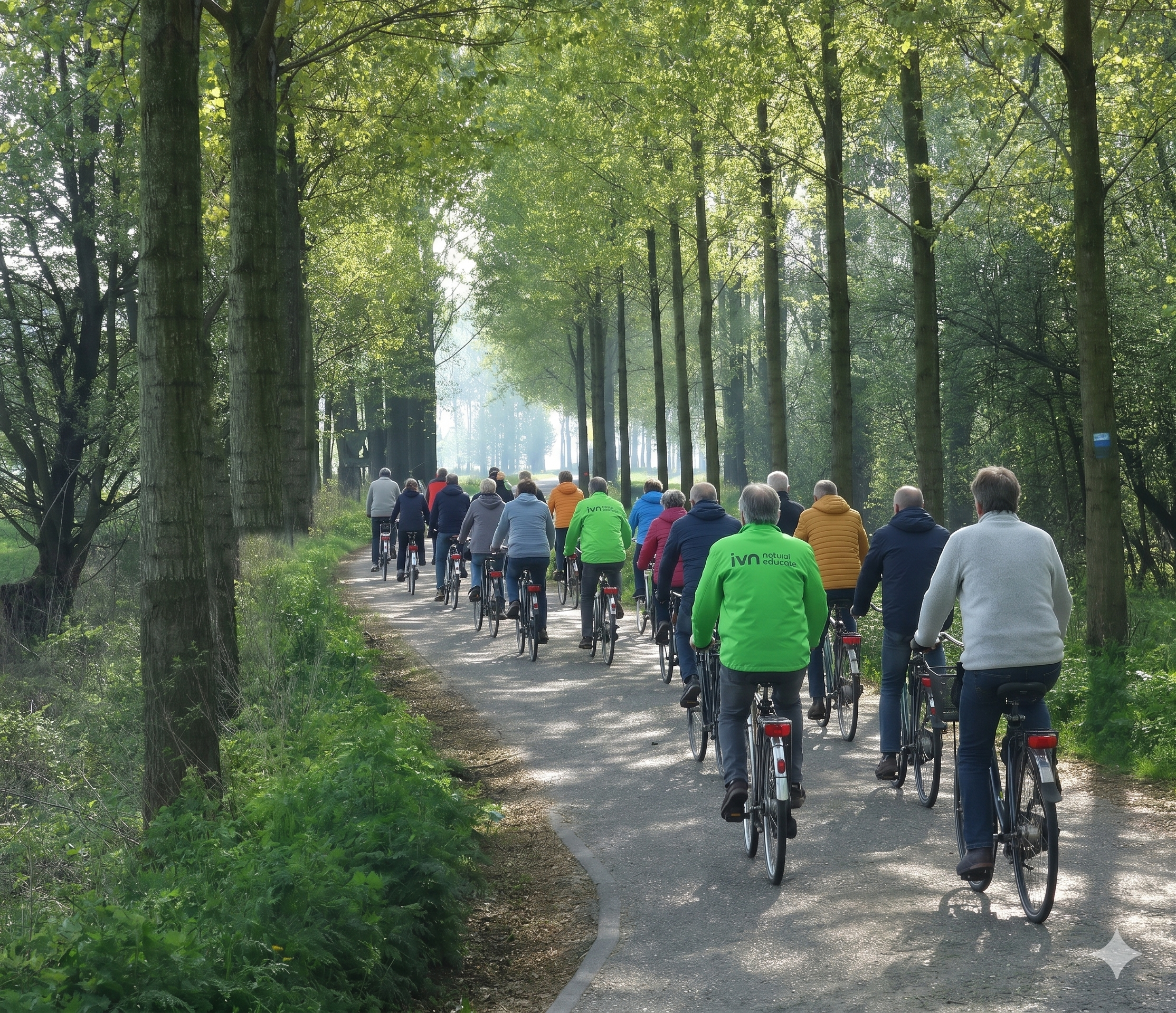Mensen fietsen in groep door een boomrijk pad bij zonnig weer.