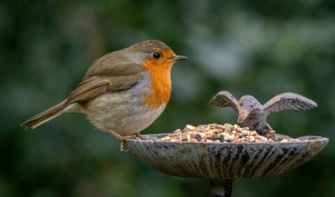 Een roodborstje zit op een voerbak gevuld met zaden, tegen een groene achtergrond.
