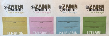 Vier zaadzakjes: eenjarig (geel), tweejarig (roze), meerjarig (blauw), eetbaar (groen).
