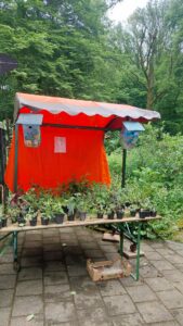 Tafel met plantjes onder een rood-witte luifel in een groene, bosrijke omgeving.