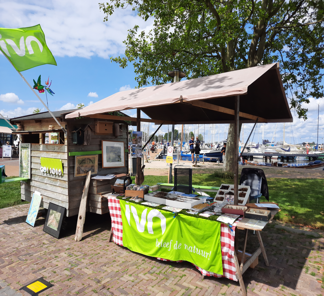 IJverig marktstalletje met groene vlag, houten schuurtje en kunstwerken bij een zonnige haven.