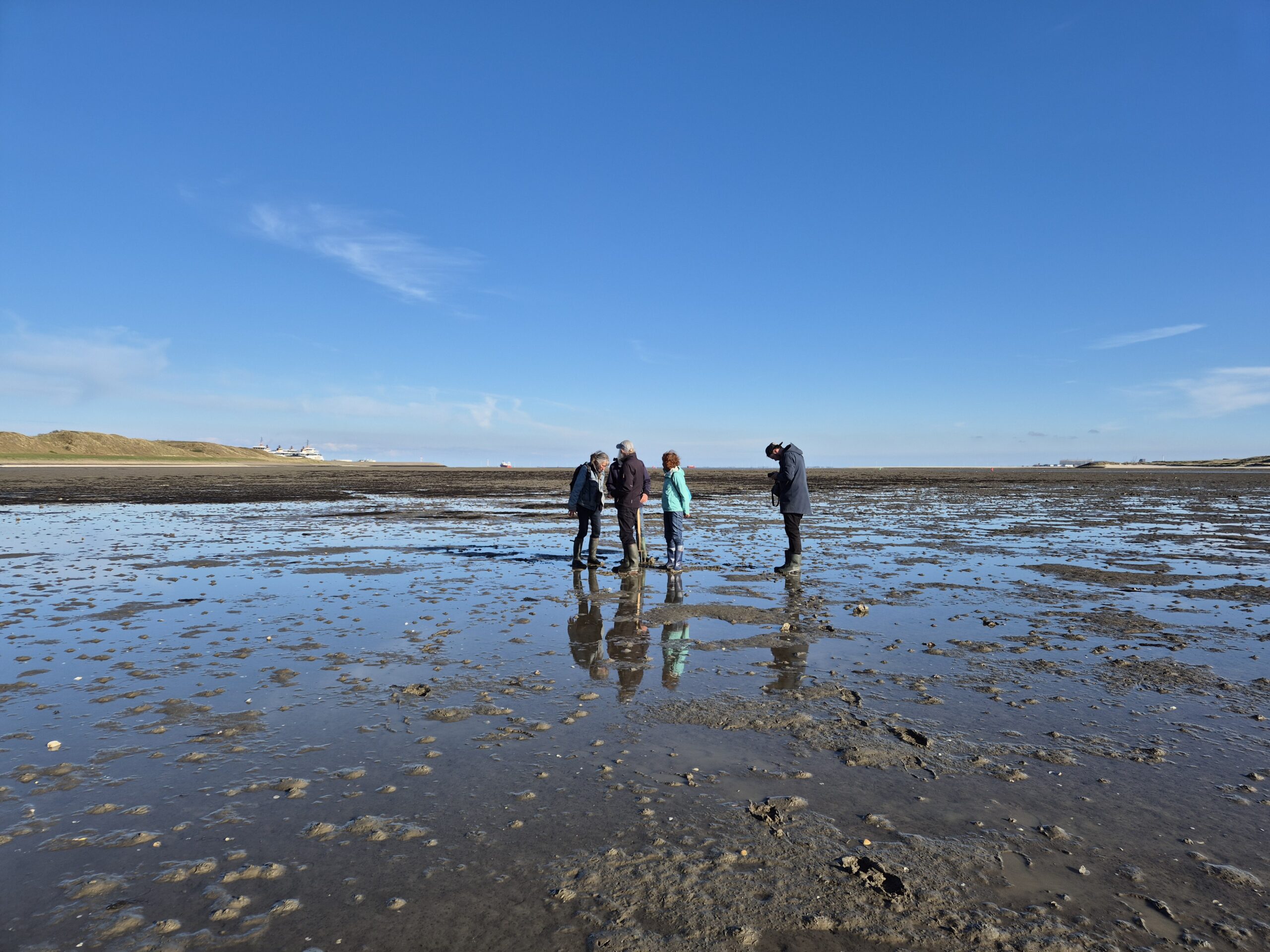 Vier mensen lopen over een uitgestrekte modderige kust onder een heldere blauwe lucht.