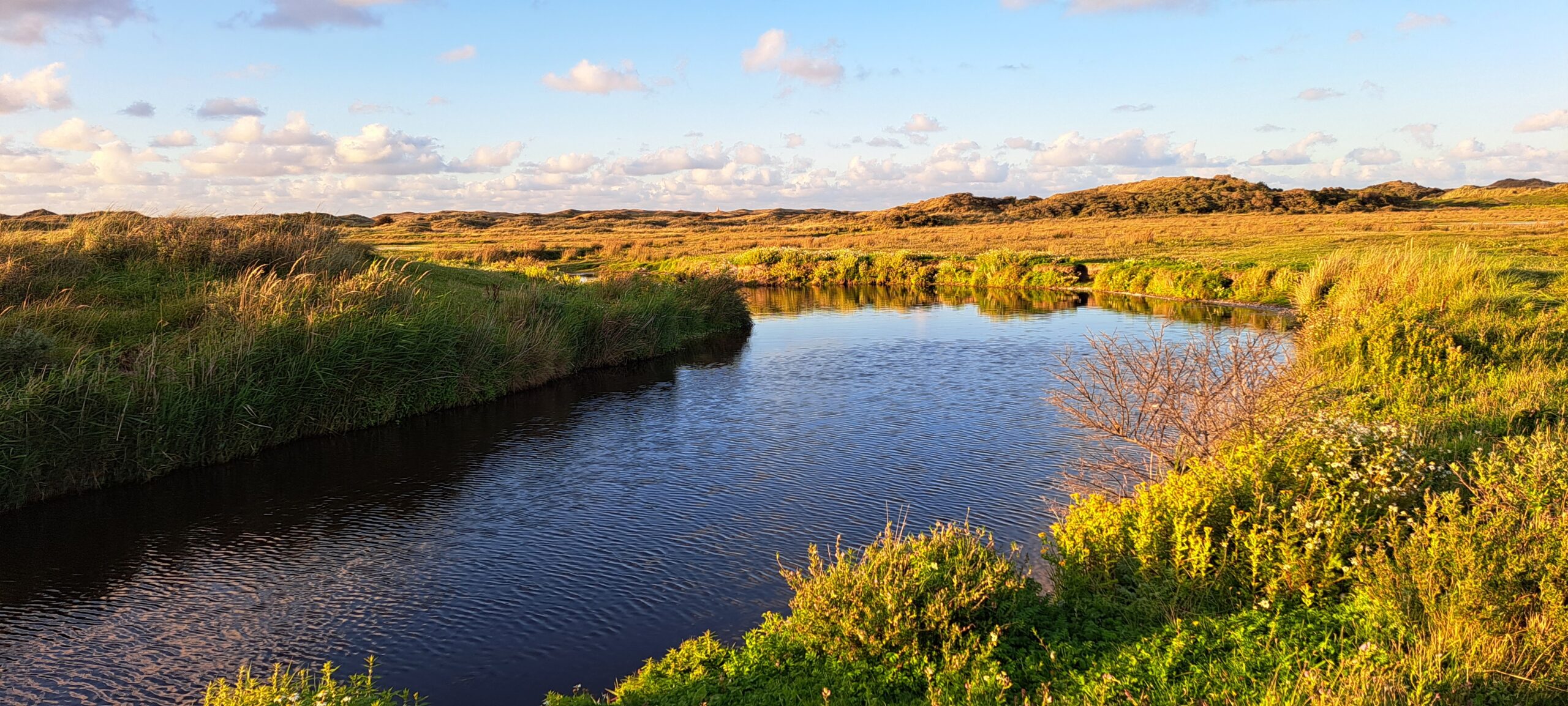 Serene landschap met rivier, groene velden en blauwe lucht met wolken.