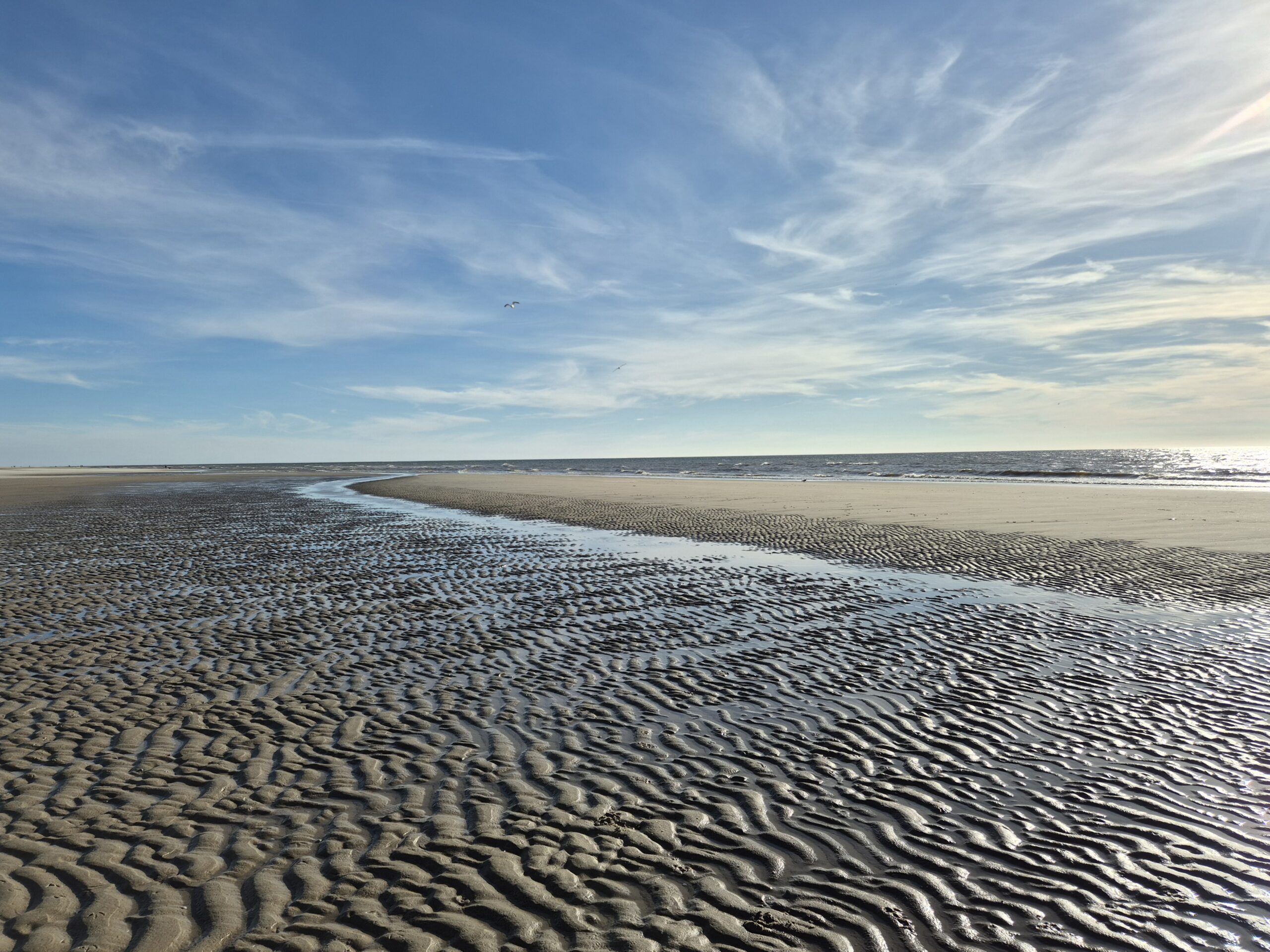 Strandzicht met golvend zand, plassen water en een heldere lucht boven een uitgestrekte zee.