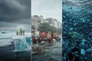 Drie panelen: ijsbeer op smeltend ijs, protest met borden in overstroomde stad, schildpad tussen plastic afval.