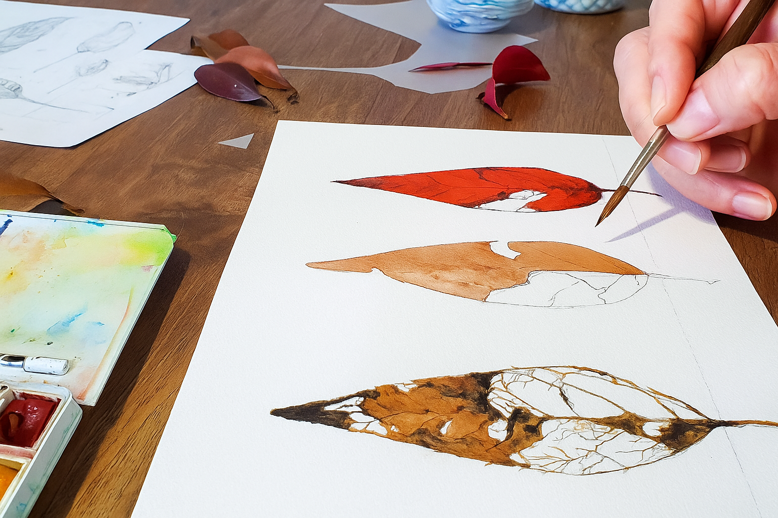 Hand schildert bladeren in aquarel op papier, omringd door verf en schetsen.