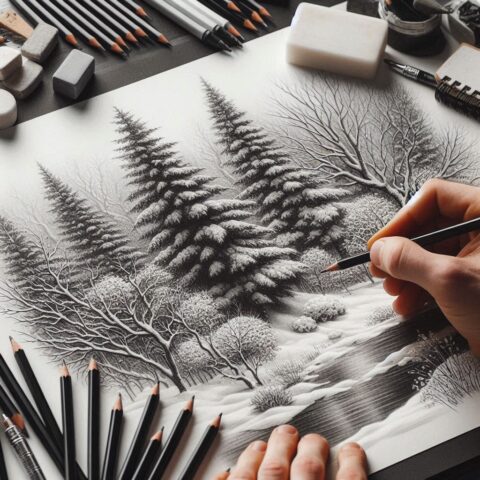 Hand tekent winterlandschap met dennenbomen, rivier en sneeuw, omringd door potloden en gummen.