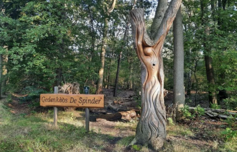 Houten bord met "Gedenkbos De Spinder" naast een kunstig gesneden boom in een bosrijke omgeving.