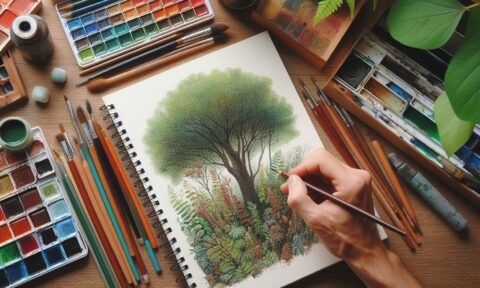 Hand tekent boom en planten in schetsboek, omringd door aquarelverf en penselen op tafel.