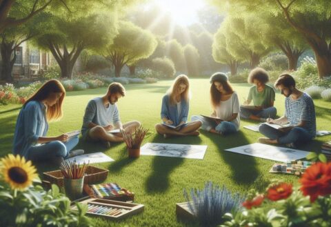 Groep mensen tekent en schildert in een zonnige tuin, omgeven door bloemen en bomen.