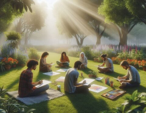 Groep mensen tekent in een zonovergoten tuin omringd door bomen en kleurrijke bloemen.