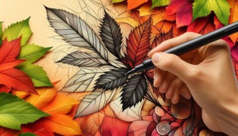 Hand tekent een gedetailleerd herfstblad met pen, omringd door kleurrijke bladeren.
