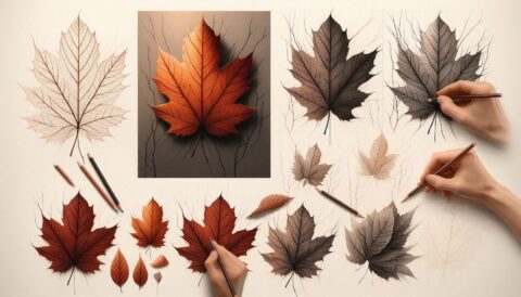 Tekening in wording met herfstsfeer; handen kleuren en schetsen bladeren met potloden.