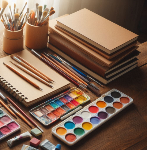Schetsboeken, verf, penselen en potloden op een houten tafel in een creatieve werkruimte.