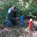 Man werkt aan een blauwe paal in een bos, naast een rode paal.