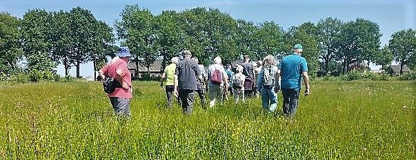 Een groep mensen wandelt door een groene weide onder een heldere, blauwe lucht.