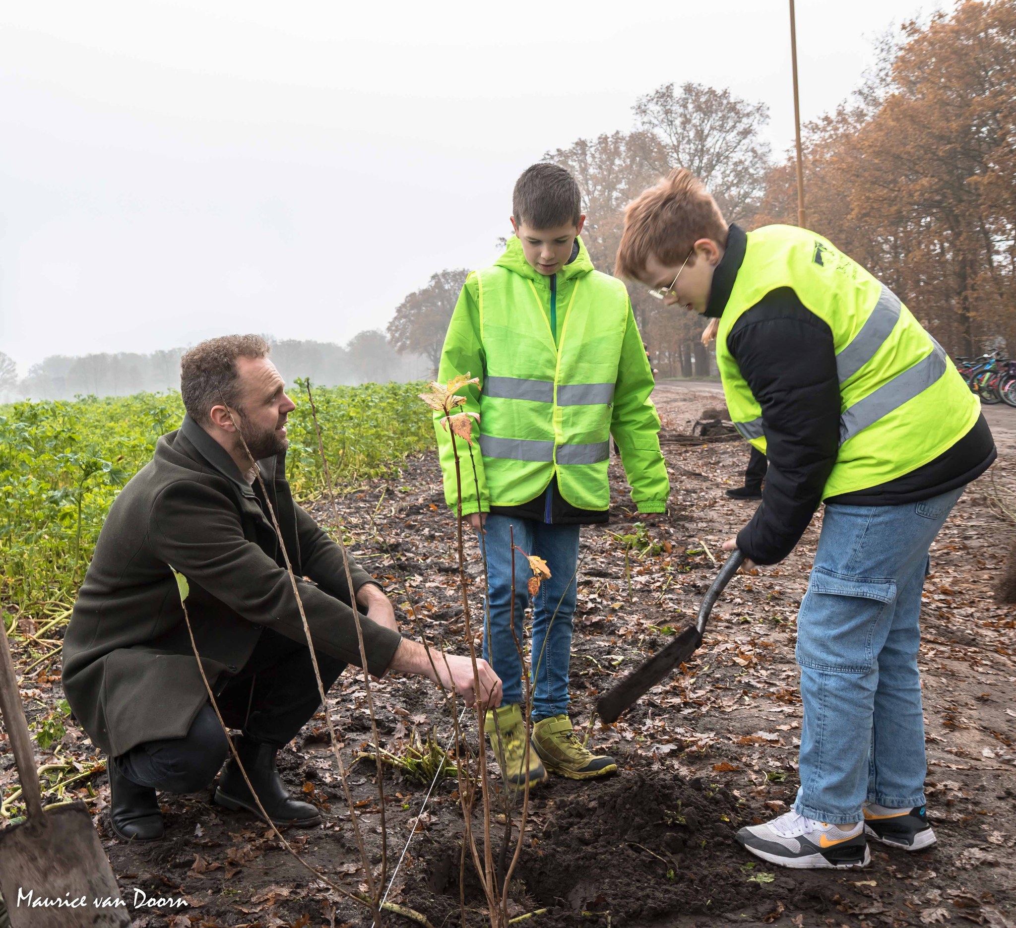 Drie personen planten een jonge boom in een veld. Twee dragen gele veiligheidshesjes.