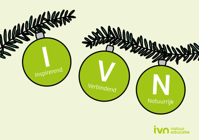 Groene kerstballen met letters I, V, N en tekst: Inspirerend, Verbindend, Natuurrijk, aan dennentak.
