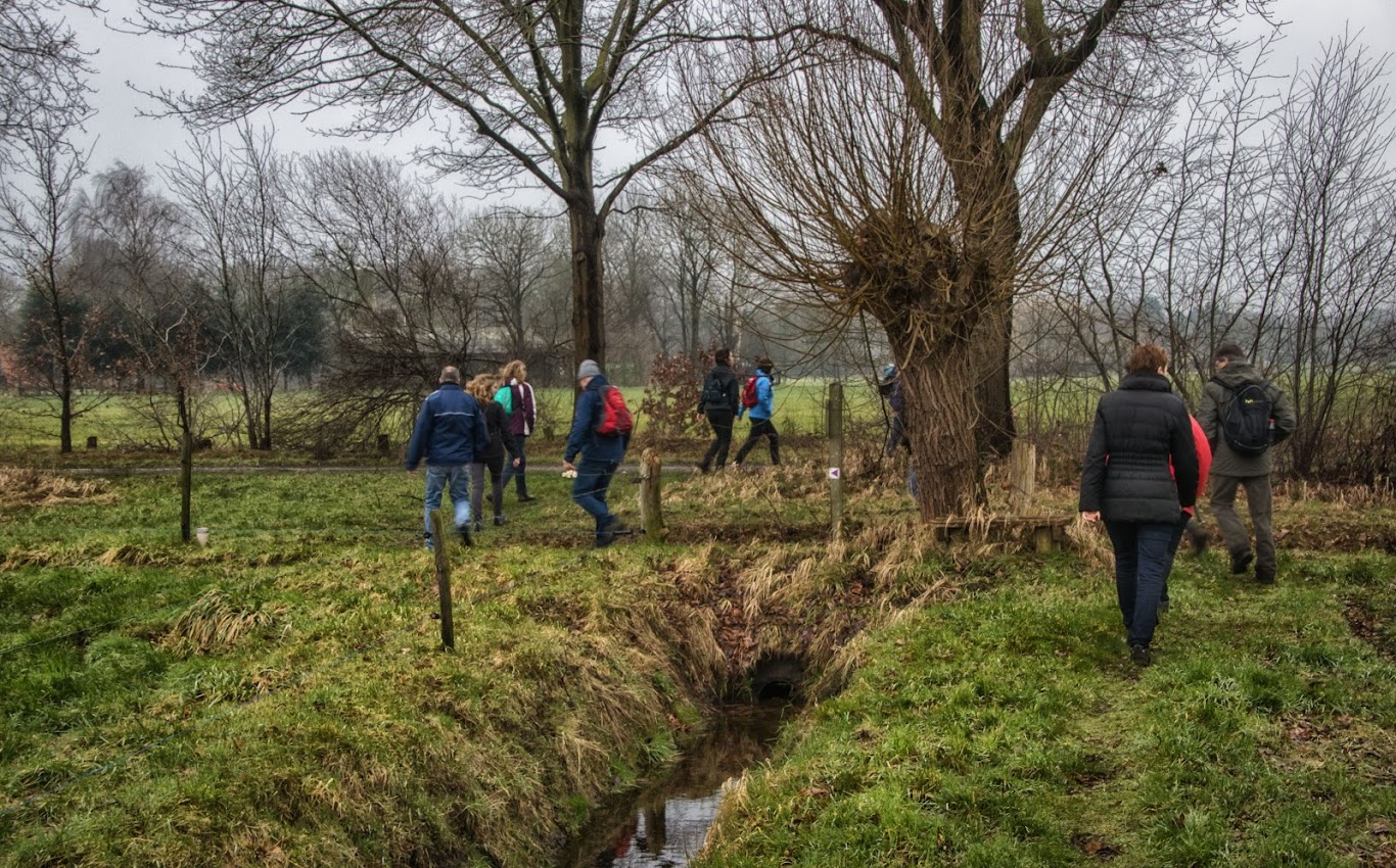 Groep wandelaars in een winterachtig landschap met kale bomen en een greppel.